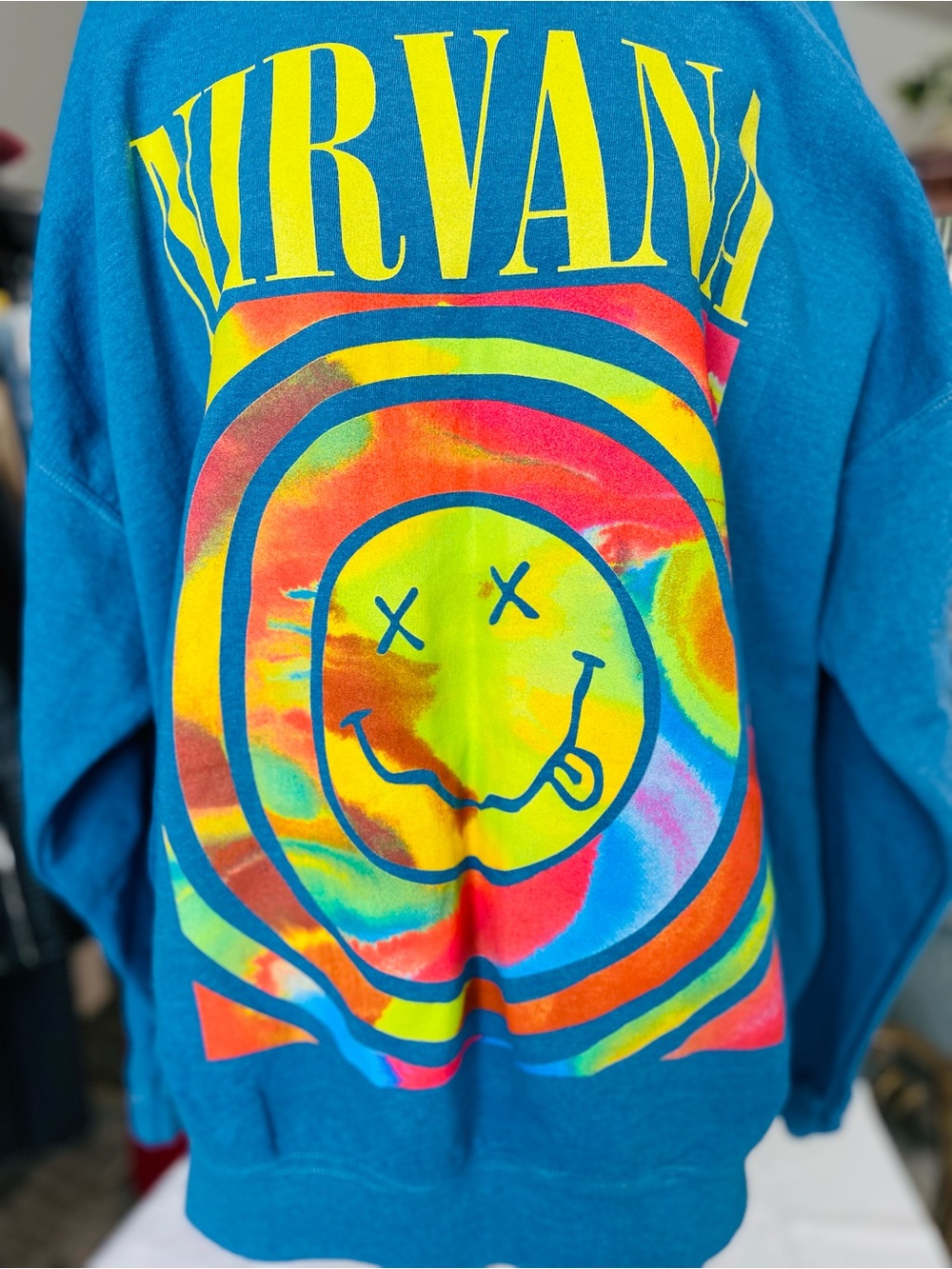 NIRVANA Teal Crewneck with Multicolor Tie-Dye Smiley - Picture 3 of 6